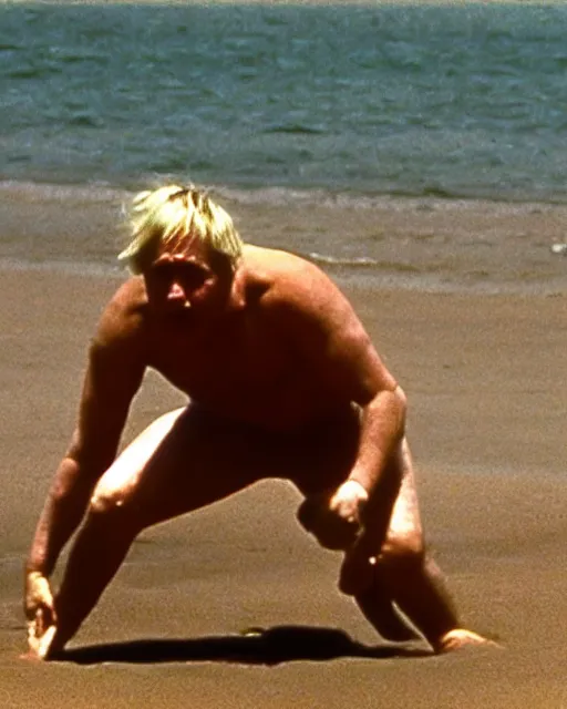 Image similar to film still close - up shot of boris johnson doing a somersault on the beach from the movie monty python's the meaning of life. photographic, photography
