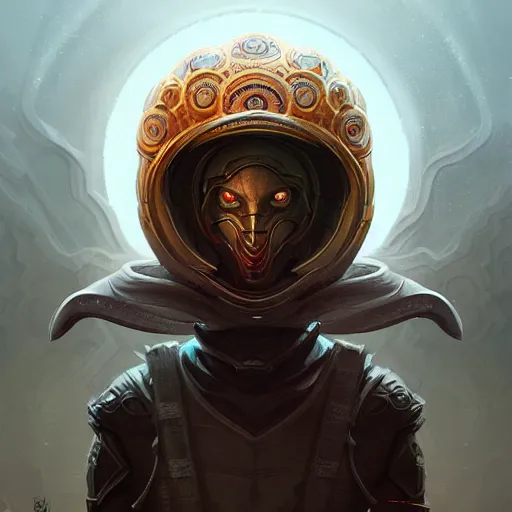 Image similar to professional ominous concept art portrait of a character with a mandala helmet by artgerm and greg rutkowski. an intricate, elegant, highly detailed digital painting, concept art, smooth, sharp focus, illustration, in the style of simon stalenhag, wayne barlowe, and igor kieryluk.