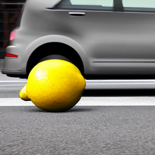 Image similar to A lemon getting run over by a car, Dramatic camera shot, Realistic, Unreal engine 5,