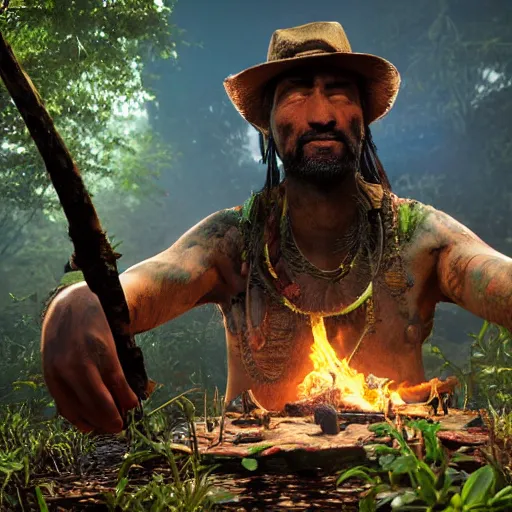 Image similar to man with peyote tea at jungle campfire full moon in the style of far cry primal, symmetrical detailed face 8 k