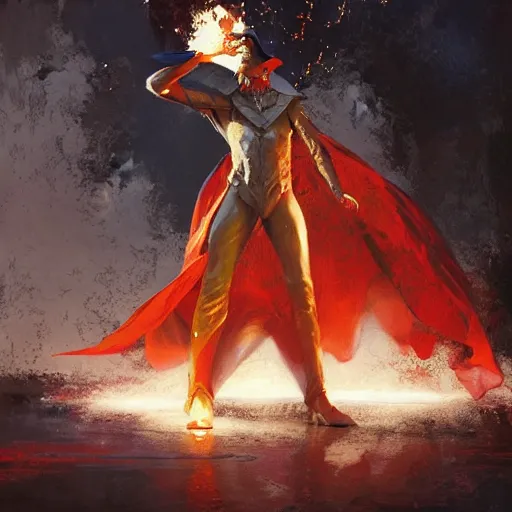 Image similar to Artwork by Craig Mullins, human size mantis mage in white cape casting fireball using a long magic stuff.