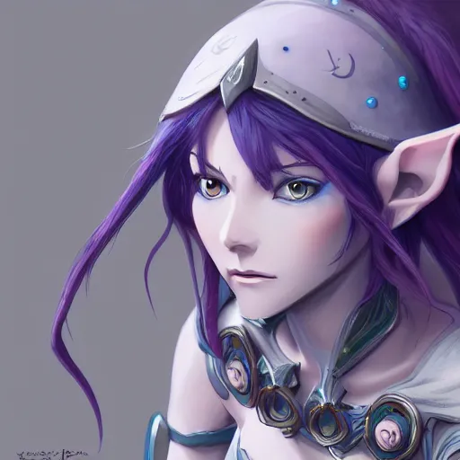 Prompt: an elf girl with grey skin with blues and long purple hair, wearing armor, highly detailed, digital painting, artstation, matte, by makoto shinkai, animation style