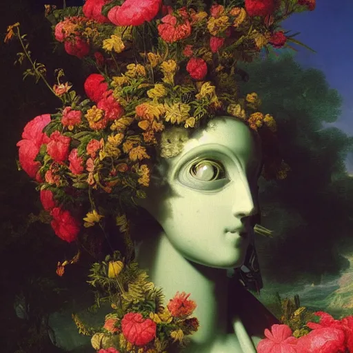 Image similar to a vaporwave painting by Thomas Cole of a robot head with flowers growing out, highly detailed