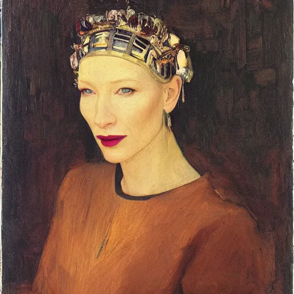 Image similar to cate blanchett by Annie Swynnerton and Nicholas Roerich and Vermeer, strong dramatic cinematic lighting , ornate headdress , lost civilizations, smooth, sharp focus, extremely detailed