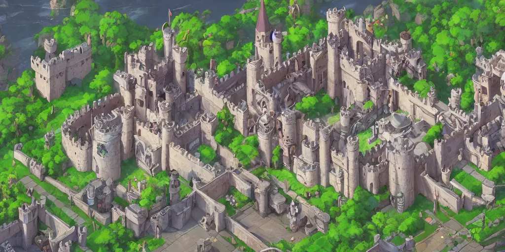 Image similar to rpg isometric top view of a lovely anime medieval fantasy castle!! jrpg!! cory loftis, james gilleard, atey ghailan, makoto shinkai, goro fujita, studio ghibli, rim light, exquisite lighting, clear focus, very coherent, plain background, soft painting