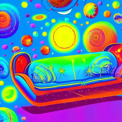 Image similar to psychedelic trippy couch in space, planets, milky way, sofa, detailed cartoon