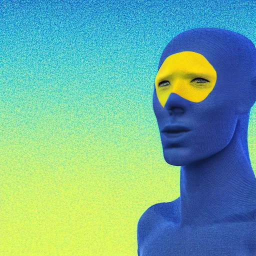 Image similar to human man that resembles a wasp morh in surreal sketch style, blue and yellow gradient, noise, ultrafine detail, hd 8k, logo illustration