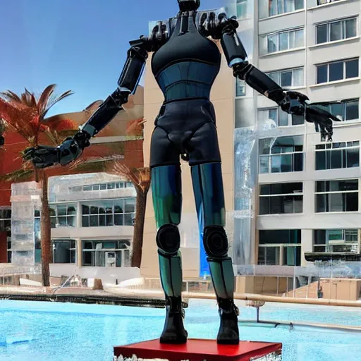 Image similar to made of ice, a realistic detailed photo of a guy who is an attractive humanoid who is half robot and half humanoid, who is a male android, on display, blank stare, showing off his muscles, shiny skin, posing like a statue, by the pool, frozen ice statue, f 1 driver max verstappen, humanoid robot