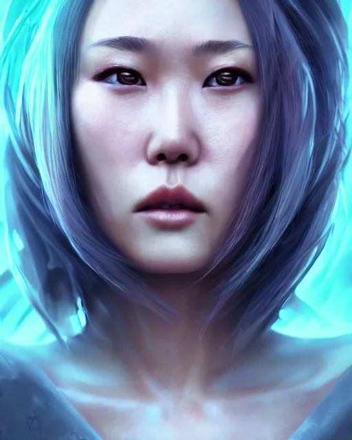 Image similar to detailed portrait Rinko Kikuchi, solarpunk futuristic utopia, scifi android, starry long hair, by Darren Bartley, Wojtek Fus ,Frederic Bennett, Perfect face, fine details, realistic shaded, fine-face, pretty face