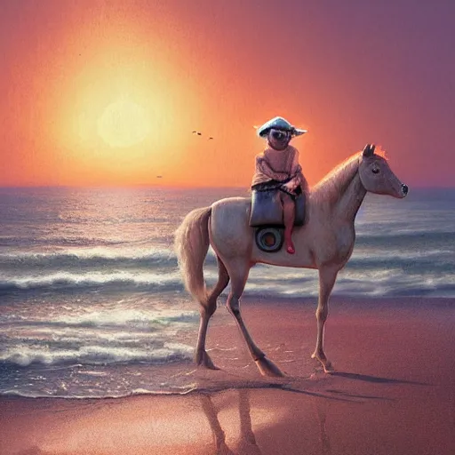 Image similar to baby yoda riding a horse on the beach at sunset by greg rutkowski