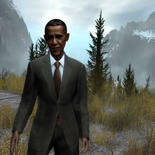 Image similar to in-game Barack Obama as a refugee in the video game Skyrim