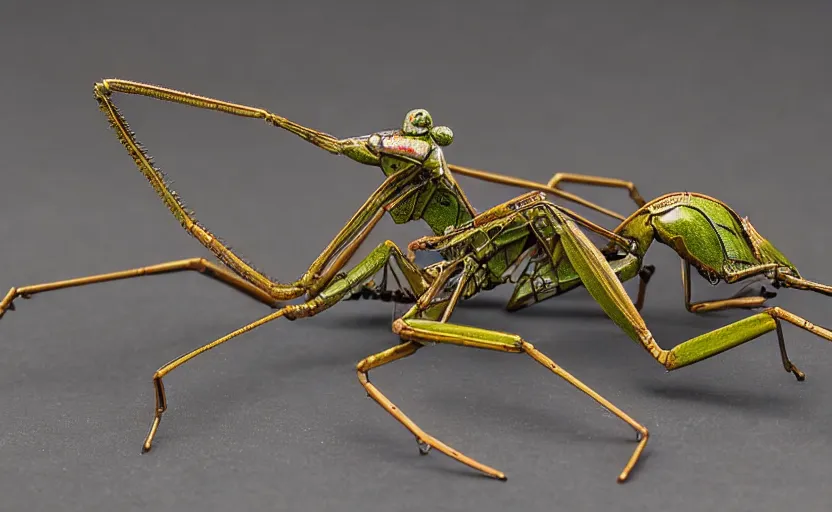 Image similar to mechanical praying mantis with small parts and intricate details, metal scapes, steampunk, art nouveau style