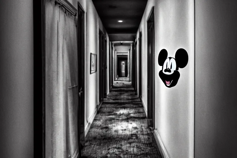 Image similar to a photo of a very long backrooms hallway with a creepy looking mickey mouse at the end of the hallway, staring with an evil grin, dark, horror, detailed, hd