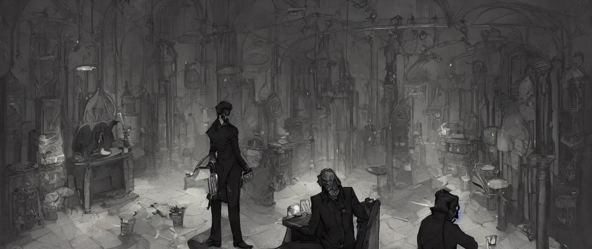 Prompt: duotone black and umbra background comic noir illustration emiel regis old classy vampire from wicther 3 silver hair and sideburns sitting in a crypt workshop. by sachin teng and sergey kolesov and ruan jia and heng z. graffiti art, scifi, fantasy, hyper detailed. octane render. concept art. trending on artstation