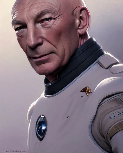 Image similar to Portrait of Jean Luc Picard in a space suit, real life skin, intricate, elegant, highly detailed, artstation, concept art, smooth, sharp focus, art by artgerm and greg rutkowski and alphonse mucha