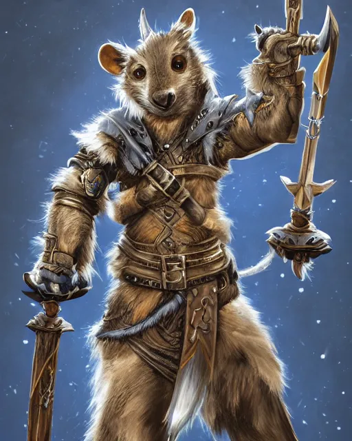 Prompt: a full body shot of an anthro furry rat wearing a fantasy medieval armor striking a heroic pose, fantasy, artstation, furry art, furaffinity, deviantart, symmetrical, highly detailed, award winning, trending