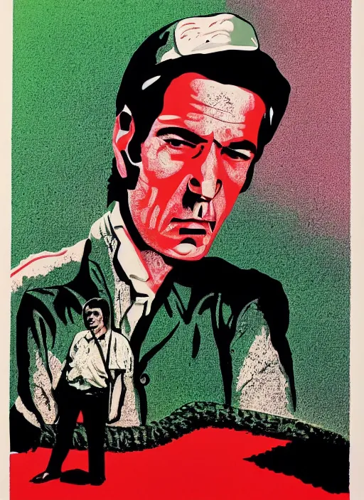 Image similar to a picture of robert forster in alligator ( 1 9 8 0 ), a screenprint by tadanori yokoo, trending on deviantart, naive art, soviet propaganda, 1 9 7 0 s, concert poster