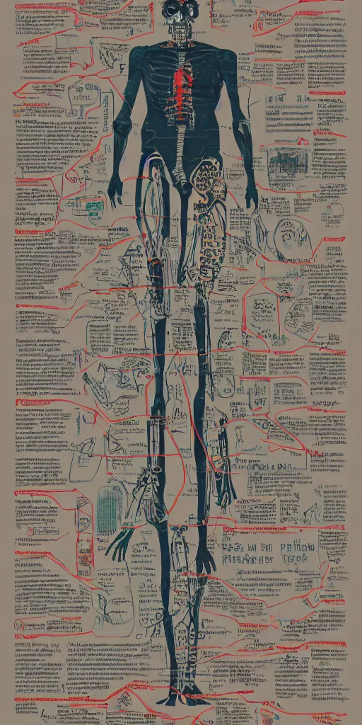 Prompt: anatomy of the terminator, diagrams, map, marginalia, sketchbook, old script, inhabited initials, pastel infographic by Wes Anderson and victo ngai