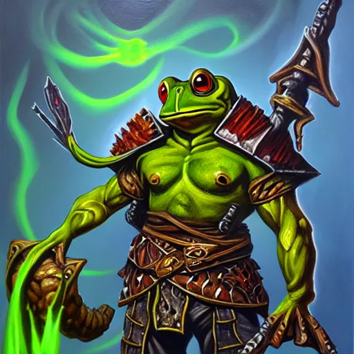 Prompt: oil painting of a frog warrior, in the style of oldschool dungeons & dragons and magic the gathering, promotional character art, highly detailed