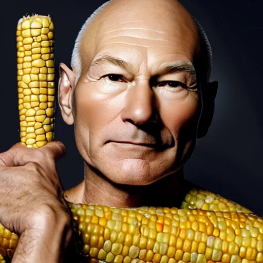 Prompt: photo portrait of patrick stewart with corn cob skin