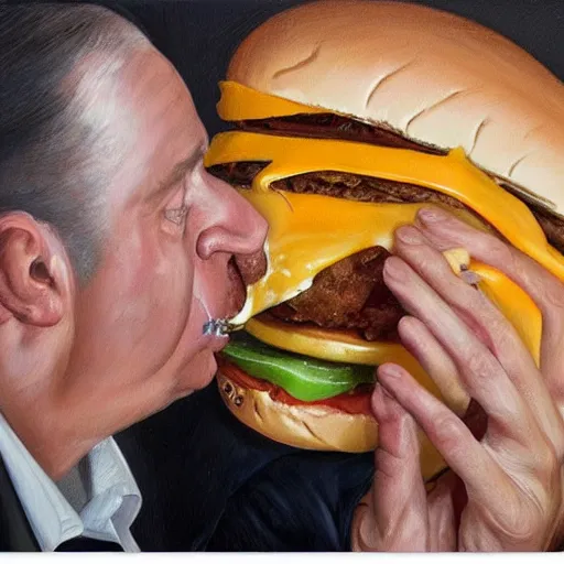 Image similar to realistic painting by jenny saville of donald trump licking a cheeseburger, art by jenny saville and tom bagshaw, detailed, sharp, smooth