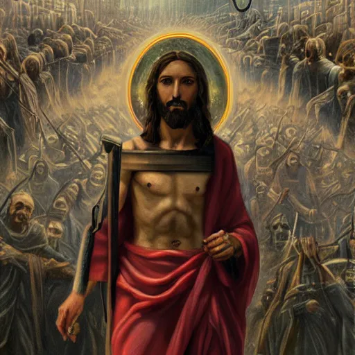 Image similar to jesus christ as a robot ; dystopia ; hell on earth ; painting ; epic ; detailed ; final ; ultimate