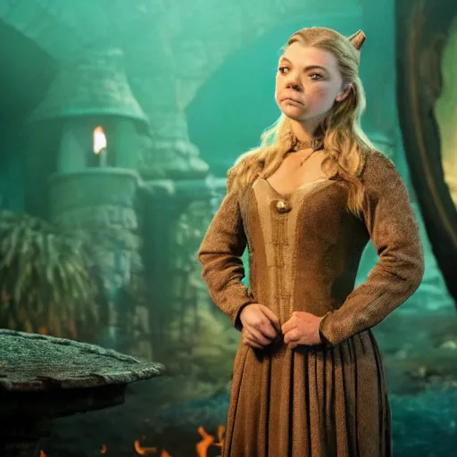 Prompt: Natalie Dormer as Shrek, studio lighting, set in fiery Mount Mordor