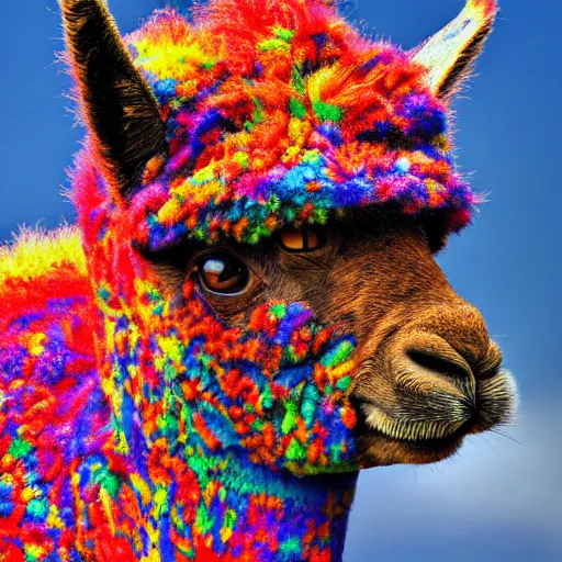 Prompt: lets see what a psychedelic alpaca see in the psychedelic world, 8 k, insanely detailed, landscape photo