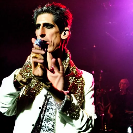 Image similar to perry farrell singing live on stage, dressed as an angel, photographic quality, live concert photo