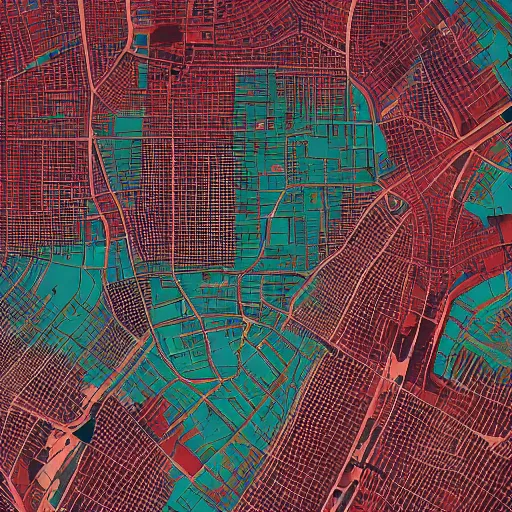 Prompt: hyperrealistic landsat image of a cityscape in an organic shape, detailed, 4k, vector, award winning, dark red colors