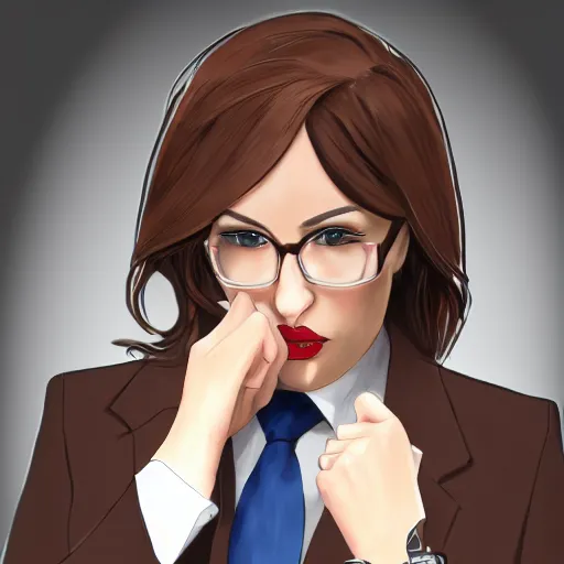 Prompt: woman in black business suit, chill, brown neat hair, pixiv, fanbox, trending on artstation, portrait, digital art, modern, sleek, highly detailed, formal, serious, determined, blue tie, competent, colorized, smooth, charming, pretty, safe for work - n 9