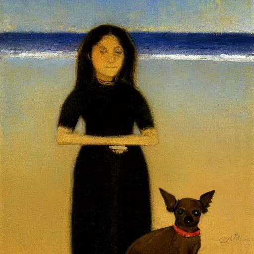 Image similar to a woman and her black and brown chihuahua stand by the sea by odilon redon