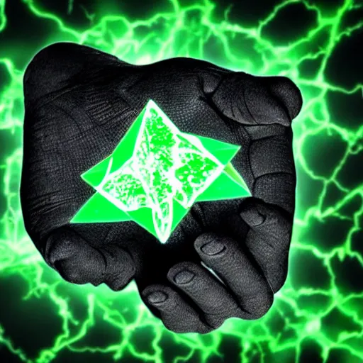 Image similar to a glowing green crystalline shard of kryptonite held in an open black - gloved hand, black background