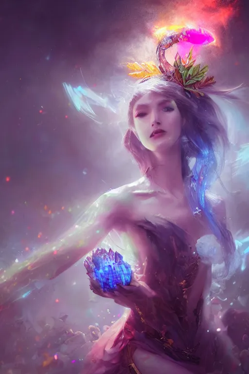 Image similar to beautiful girl necromancer covered with crystals exploding rainbow, 3 d render, hyper realistic detailed portrait, holding magic leaves, ruan jia, wlop. scifi, fantasy, hyper detailed, octane render, concept art, peter mohrbacher