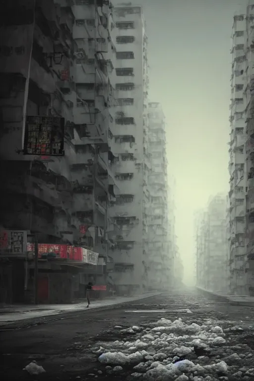 Image similar to nuclear winter, abandoned street of hong kong, near future, fantasy, sci - fi, hyper realistic, serene, morning.