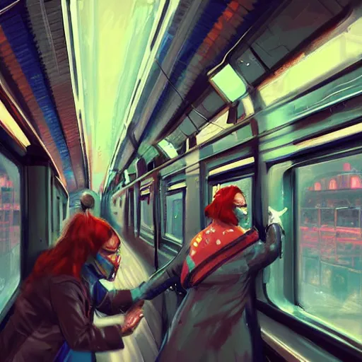 Image similar to fight between grandmas in the train moscow-ryazan, cyberpunk, neon, concept art