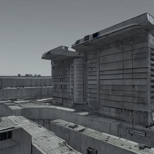 Image similar to scifi brutalist industrial complex, photorealistic