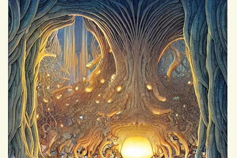 Prompt: a symmetrical!!! delicate mtg illustration by john howe, charles vess, rebecca guay and kawase hasui of a large group of people entering the glowing doorway of a massive vulva - shaped temple constructed of tree trunks, carved iridescent pearls and house - sized crystals of smooth and organic architecture and where beams of lasers are projected from under the hood