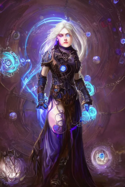 Image similar to Path of Exile, Maven, blue eyes female image with silver purple hair among colourful lights, dark blue spheres fly around, Anachronism, painting, dark fantasy, steampunk, 4k