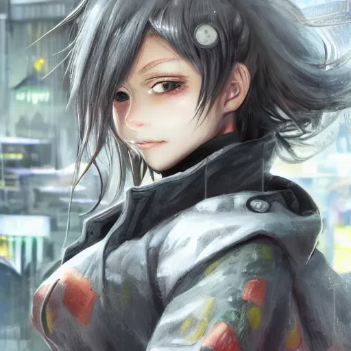 Image similar to dynamic composition, motion, ultra-detailed, incredibly detailed, a lot of details, amazing fine details and brush strokes, colorful and grayish palette, smooth, HD semirealistic anime CG concept art digital painting, watercolor oil painting of Clean and detailed post-cyberpunk sci-fi close-up girl wearing jacket and skirt, in asian city in style of cytus and deemo, blue flame, relaxing, calm and mysterious vibes,, by a Chinese artist at ArtStation, by Huang Guangjian, Fenghua Zhong, Ruan Jia, Xin Jin and Wei Chang. Realistic artwork of a Chinese videogame, gradients, gentle an harmonic grayish colors. set in half-life 2, Matrix, GITS, Blade Runner, Neotokyo Source, Syndicate(2012), dynamic composition, beautiful with eerie vibes, very inspirational, very stylish, with gradients, surrealistic, dystopia, postapocalyptic vibes, depth of field, mist, rich cinematic atmosphere, perfect digital art, mystical journey in strange world