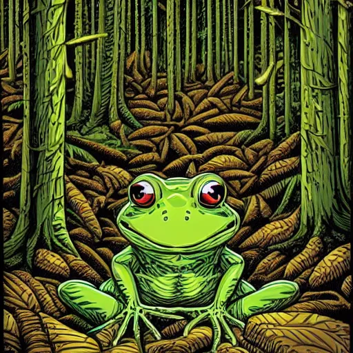 Image similar to A frog inside a forest by Dan Mumford