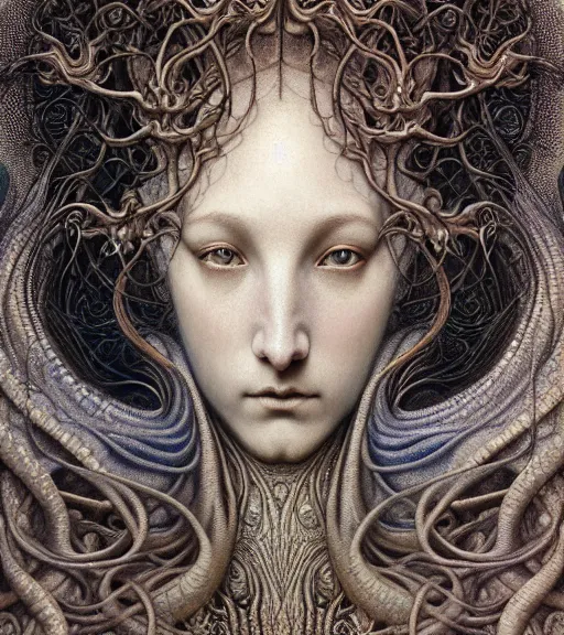 Prompt: detailed realistic beautiful dragon goddess face portrait by jean delville, gustave dore, iris van herpen and marco mazzoni, art forms of nature by ernst haeckel, art nouveau, symbolist, visionary, gothic, neo - gothic, pre - raphaelite, fractal lace, intricate alien botanicals, ai biodiversity, surreality, hyperdetailed ultrasharp octane render