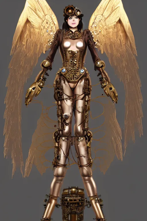 Prompt: Steampunk Angel, mechanical wings, gear halo, empty eyes, metallic bronze skin, golden tech robes, female looking, cranks and gears, steampunk fantasy, artstation