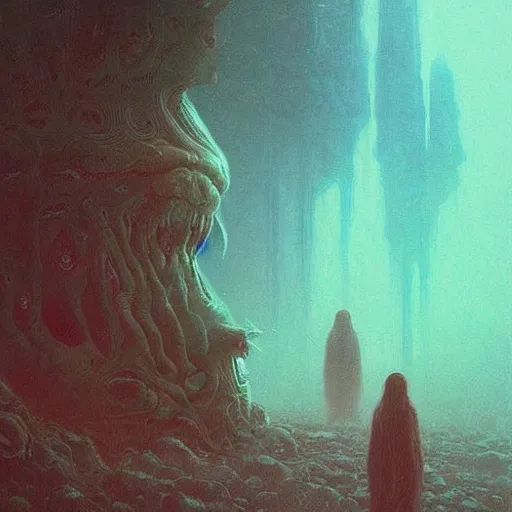 Image similar to fractal tardigrade terror and horror painting descending on earth, by greg rutkowski and studio ghibli, inspired by zdzisław beksinski, cinematic, atmospheric, dramatic colors, dawn.