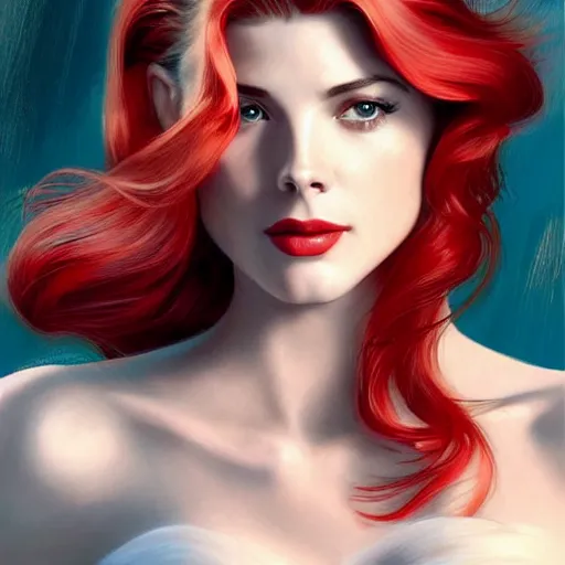 Image similar to A combination of Grace Kelly's and Katheryn Winnick's and Ashley Greene's faces with red hair as Aqua Man, full body shot, western, fantasy, intricate, elegant, highly detailed, digital painting, artstation, concept art, matte, sharp focus, illustration, art by Artgerm and Greg Rutkowski and Alphonse Mucha