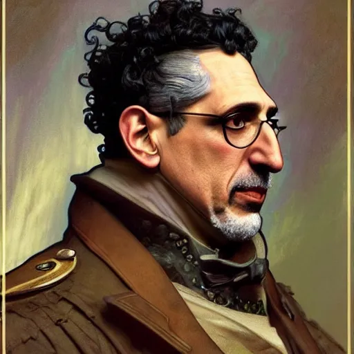 Image similar to full portrait of john turturro as colonel wednesday bologna, fantasy, d & d, intricate, detailed, by by alphonse mucha, adolfo hohenstein, alice russell glenny, stanley artgerm lau, greg rutkowski, detailed, trending on artstation, trending on artstation, smooth