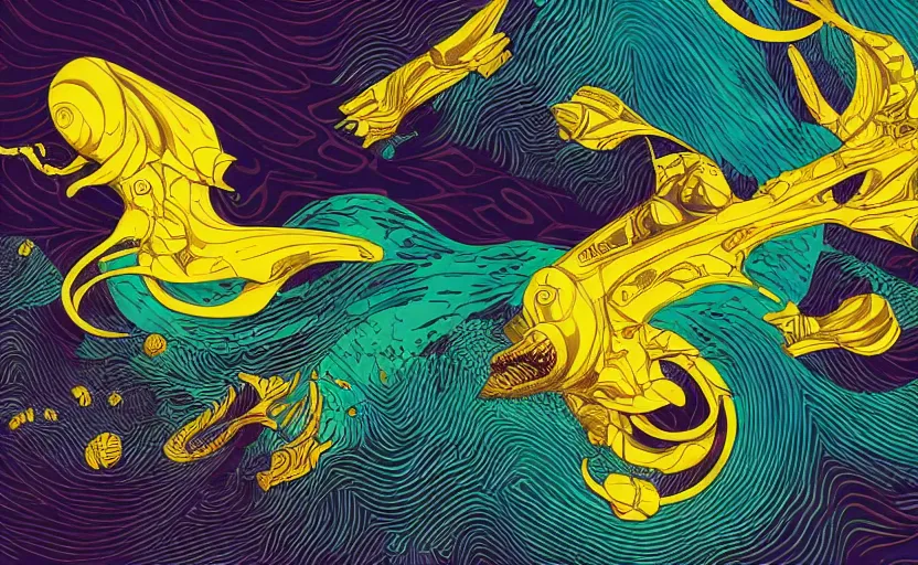 Image similar to dark ocean, complex patterns, yellow, artstation, intricate, realistic, highly detailed, digital painting, concept art, sharp focus, illustration by tom whalen and charles williams and kilian eng and james jean