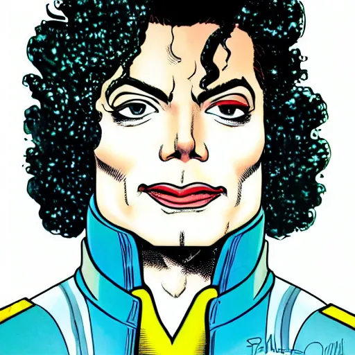 Image similar to dynamic macro head portrait of beautifu michael jackson super hero in white sequined jacket by john romita sr and cory walker and ryan ottley and jack kirby and barry windsor - smith, comic, illustration, photo real