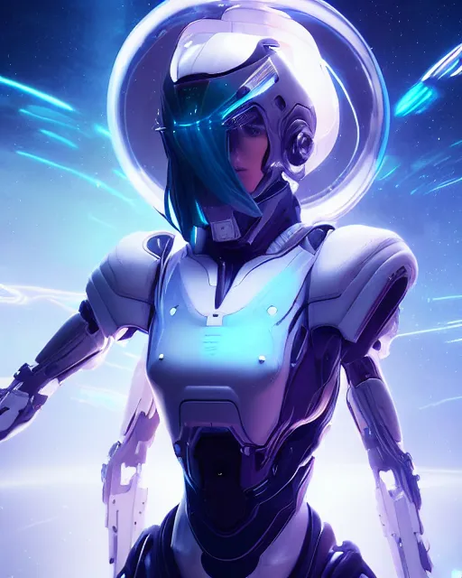 Image similar to perfect android girl on a mothership, warframe armor, beautiful face, scifi, futuristic, galaxy, nebula, raytracing, dreamy, long white hair, blue cyborg eyes, sharp focus, cinematic lighting, highly detailed, artstation, divine, by gauthier leblanc, kazuya takahashi, huifeng huang