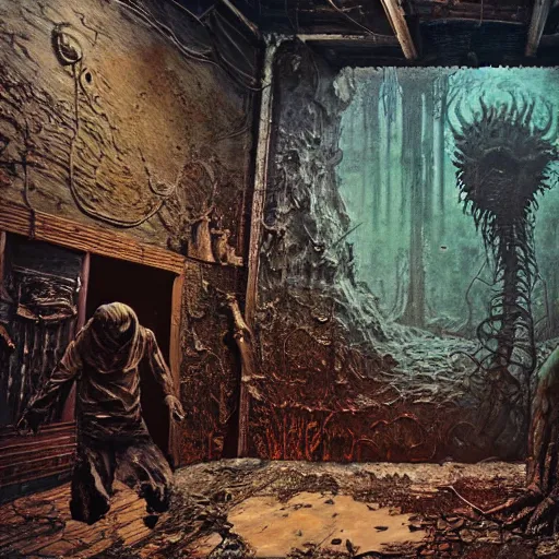 Image similar to an epic horrifying fantastic hyperdetailed 3 d matte painting photo taken with nikon d 7 5 0 an of a decaying eldritch creature partially covered with grafitti art by moebius by zdzisław beksinski by jakub rozalski by nekro